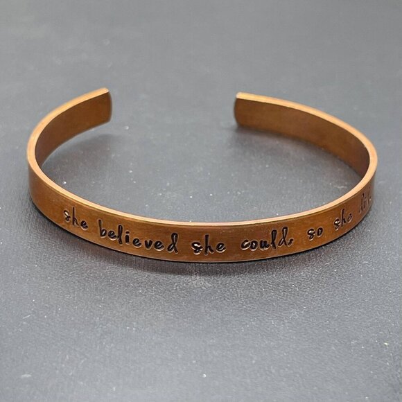Engraved She Believed She Could So She Did Cuff Bangle Bracelet Brass Tone - Picture 2 of 3